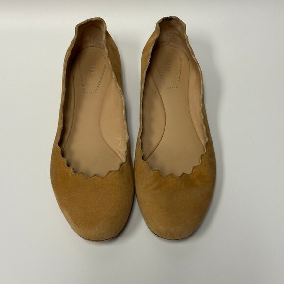 Chloé Women's Lauren Scalloped Suede Leather Camel Tan Ballet Flats Size 37 - Picture 6 of 9